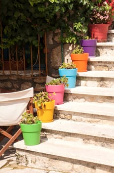 External staircase of house with colorful flowerpots