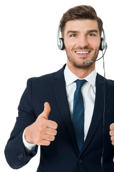 Young bearded man suit and headset with stereo headphones and microphone operator portrait isolated against white background