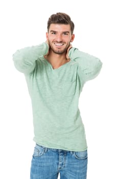 Good looking young man attractive in casual clothes with beard portrait isolated on white background