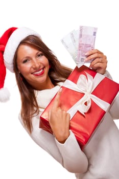 Beautiful young woman with Santa hat with a big red Christmas gift and cash final sale Isolated on white with text free space freeholder