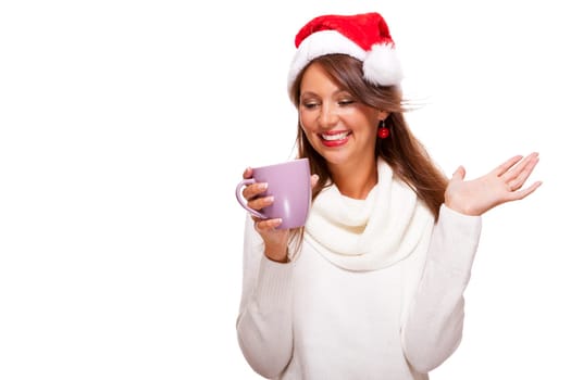 Attractive young woman with red Santa hat drinks a hot cup of coffee she weighs in her hands to warm her hands Insulated freeagent