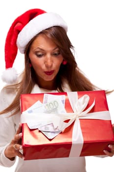 Beautiful young woman with Santa hat with a big red Christmas gift and cash final sale Isolated on white with text free space freeholder