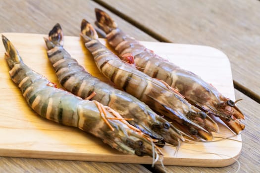 Fresh shrimp on a wooden board as a close-up