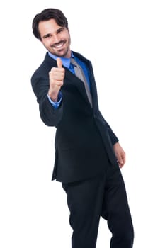 Attractive young businessman with raised thumb successfully isolated against a white background