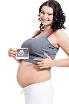 Young attractive woman with ultrasound image in hand pregnant isolated against white background