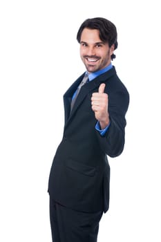 Attractive young businessman with raised thumb successfully isolated against a white background