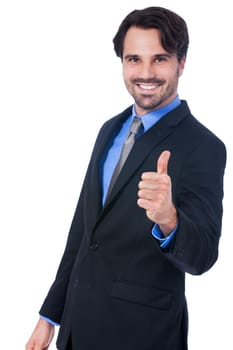 Attractive young businessman with raised thumb successfully isolated against a white background