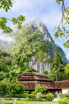 Lush high limestone mountain covered by mist surrounded by tropical forests of Thailand