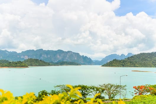 High angle view scenic point of green lake at Ratchaprapha Dam in Khao Sok National Park, Surat Thani Province, Thailand