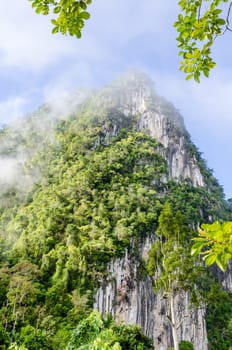 Lush high limestone mountain covered by mist surrounded by tropical forests of Thailand