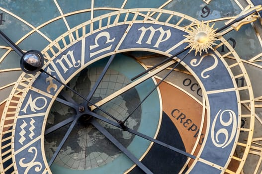 Close up view of the astronomical clock of Prague, Czech Republic.