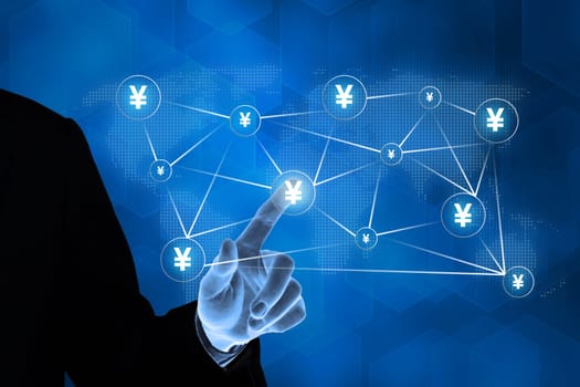 hand pushing currency with global japanese yen networking concept