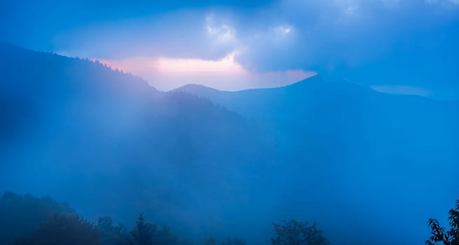 The Blue Ridge in fog, seen from Craggy Pinnacle, near the Blue Ridge Parkway, North Carolina.