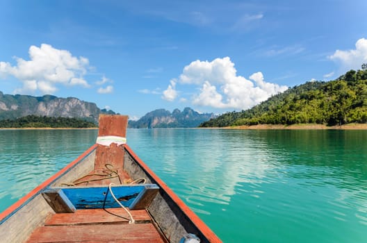 Travel by small boats at Ratchapapha dam in Khao Sok National Park Surat Thani province, Guilin of Thailand.