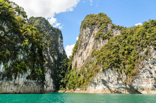 Beautiful island surrounded by water, Natural attractions at Ratchapapha dam in Khao Sok National Park, Surat Thani province, Guilin of Thailand.