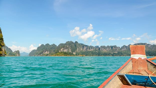 Travel by small boats at Ratchapapha dam in Khao Sok National Park Surat Thani province, Guilin of Thailand.