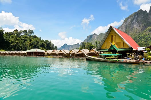Small bungalow made of bamboo floating. Surrounded by mountains and water in Ratchaprapha Dam, Khao Sok National Park, Surat Thani Province, Thailand..