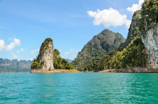 Beautiful island surrounded by water, Natural attractions at Ratchapapha dam in Khao Sok National Park, Surat Thani province, Guilin of Thailand.