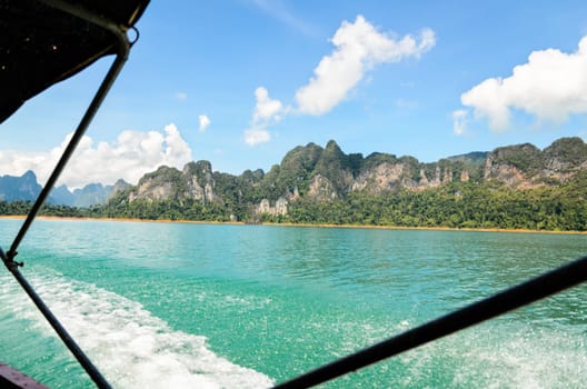 Travel by small boats at Ratchapapha dam area in Khao Sok National Park, Surat Thani province, Guilin of Thailand.