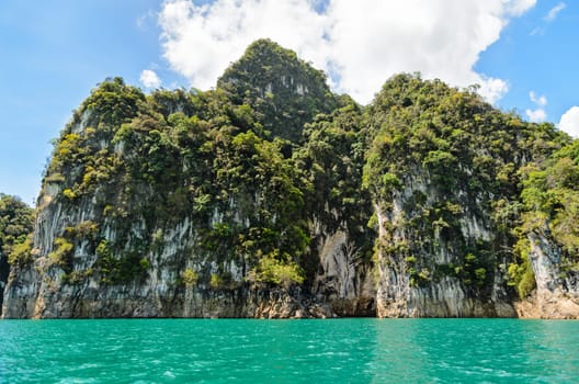 Beautiful island surrounded by water, Natural attractions at Ratchapapha dam in Khao Sok National Park, Surat Thani province, Guilin of Thailand.