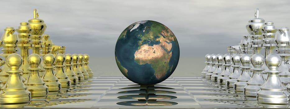 Chessboard with earth planet and grey sky - 3D render