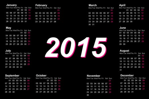 European 2015 year calendar with week starting from monday