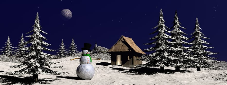 Two christmas snowman near little caban at the mountain - 3D render