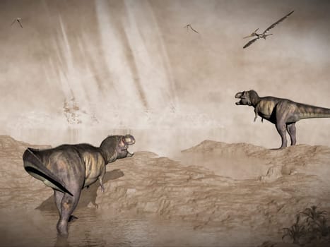 Tyrannosaurus rex and pteranodon looking at meteorite impact in Yucatan, Mexico, that created Chicxulub crater and induced end of dinosaurs, vintage style - 3D render