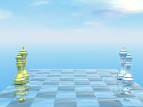 Chessboard with kings and queens and blue sky - 3D render