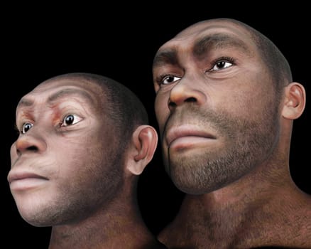 Portrait of male and female homo eretus in black background- 3D render