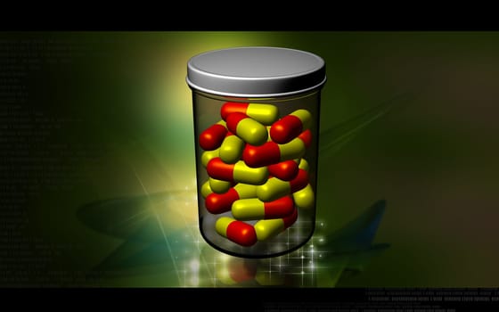 Digital illustration of capsule bottle in colour background