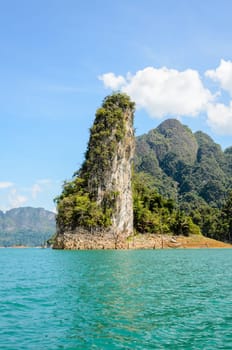 Beautiful island surrounded by water, Natural attractions at Ratchapapha dam in Khao Sok National Park, Surat Thani province, Guilin of Thailand.