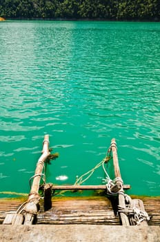 Ladder into the water part of the floating bungalows in Ratchaprapha Dam, Khao Sok National Park, Surat Thani Province, Thailand.
