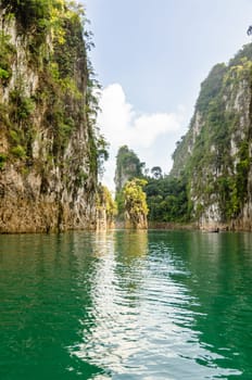 Travel island and green lake at Ratchaprapha Dam in Khao Sok National Park, Surat Thani Province, Thailand ( Guilin of Thailand )
