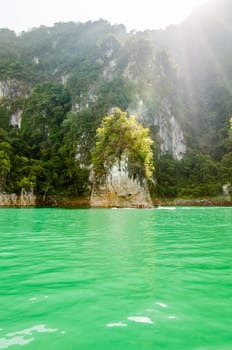 Travel island and green lake at Ratchaprapha Dam in Khao Sok National Park, Surat Thani Province, Thailand ( Guilin of Thailand )