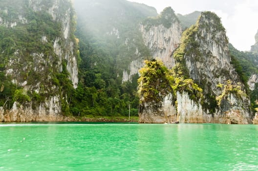 Travel island and green lake at Ratchaprapha Dam in Khao Sok National Park, Surat Thani Province, Thailand ( Guilin of Thailand )