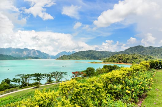 High angle view scenic point of green lake at Ratchaprapha Dam in Khao Sok National Park, Surat Thani Province, Thailand