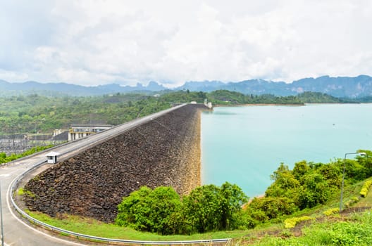 High angle view scenic point of green lake at Ratchaprapha Dam in Khao Sok National Park, Surat Thani Province, Thailand