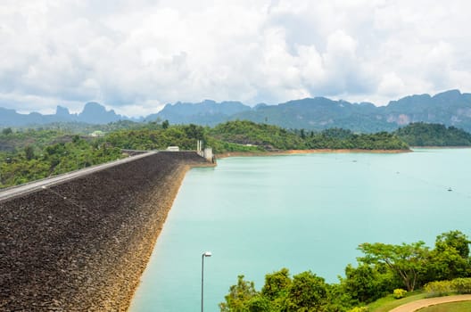 High angle view scenic point of green lake at Ratchaprapha Dam in Khao Sok National Park, Surat Thani Province, Thailand