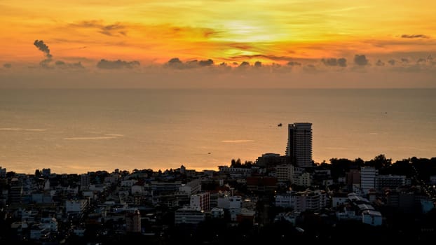 High angle view Hua Hin city at sunrise beautiful scenery town seaside in Prachuap Khiri Khan Province of Thailand.