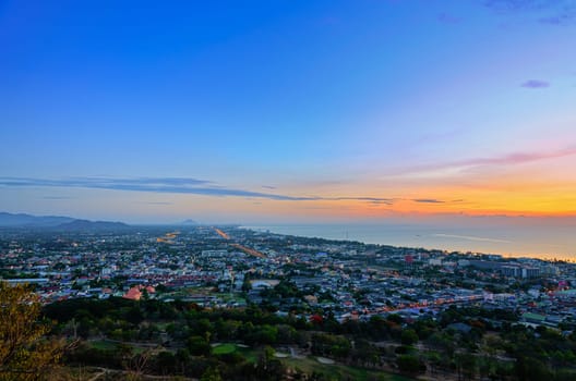 High angle view Hua Hin city at sunrise beautiful scenery town seaside in Prachuap Khiri Khan Province of Thailand.