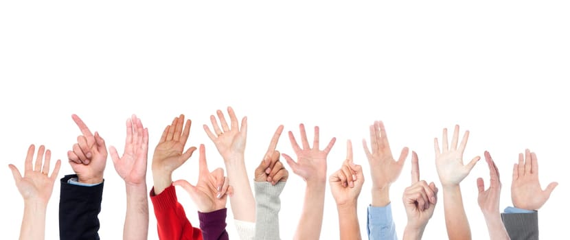 Hands raised up. Isolated over white background