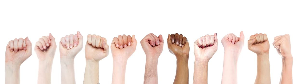 Hands showing fists raised up, white background