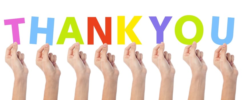 Many hands holding a colorful thank you