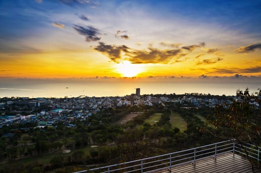 View point Hua Hin city at sunrise beautiful scenery town seaside in Prachuap Khiri Khan Province of Thailand.