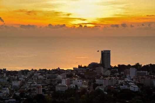 High angle view Hua Hin city at sunrise beautiful scenery town seaside in Prachuap Khiri Khan Province of Thailand.