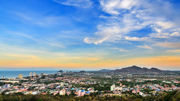 Hight angle view colorful sky over the Hua Hin city, Beautiful scenery town seaside at Prachuap Khiri Khan Province of Thailand