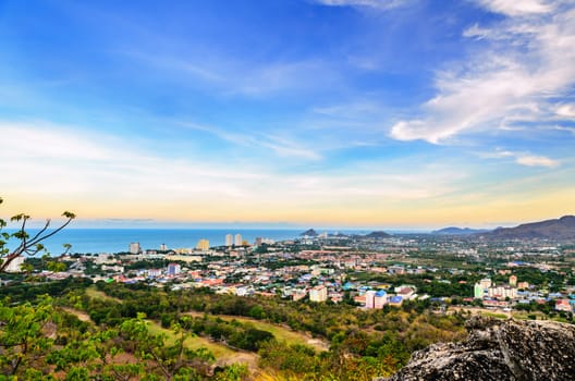 Hight angle view landscaped Hua Hin city in the evening, Beautiful scenery town seaside at Prachuap Khiri Khan Province of Thailand