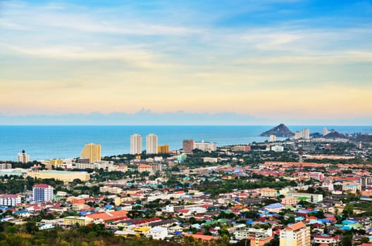 Hight angle view landscaped Hua Hin city in the evening, Beautiful scenery town seaside at Prachuap Khiri Khan Province of Thailand.