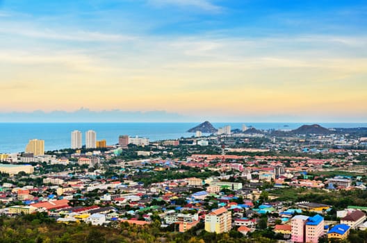 Hight angle view landscaped Hua Hin city in the evening, Beautiful scenery town seaside at Prachuap Khiri Khan Province of Thailand.